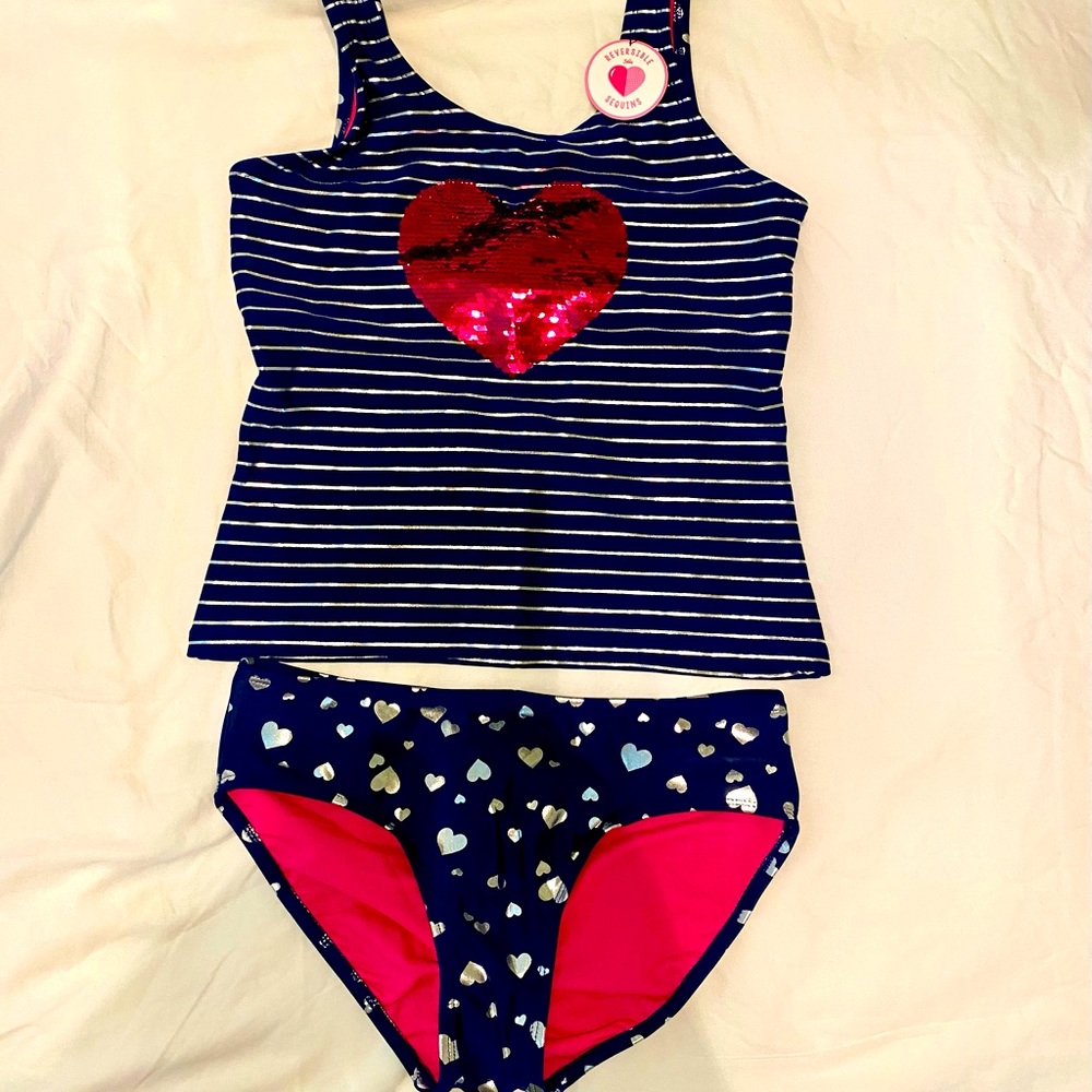 NEW Girls Justice Tankini Swimsuit 2-piece Size 14 Blue Silver Pink